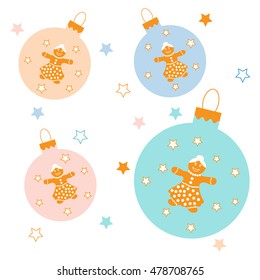 Collection of Christmas balls with stars and cute gingerbread men on white background.