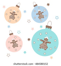 Collection of Christmas balls with stars and cute gingerbread men on white background.