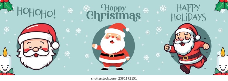 Collection Christmas Banner Presents Cute Santa Claus, Wishing Everyone a Merry Christmas and a Happy New Year through a Greeting Card. Celebrate the Winter Season with Our Holiday Cartoon Character