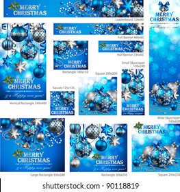 Collection of Christmas banners with baubles and place for text. Vector illustration.