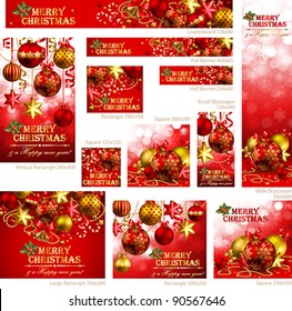 Collection of Christmas banners with baubles and place for text. Vector illustration.