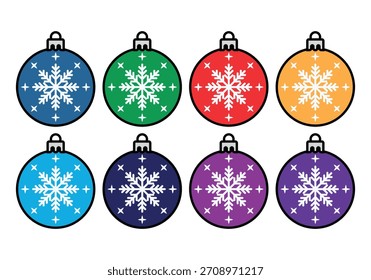 Coleção de baubles de Natal com padrão floco de neve em várias cores e estilo plano