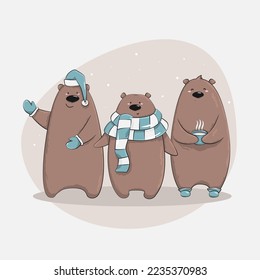 Collection of Christmas bear, Merry Christmas illustrations of cute bear with accessories like a knitted hats, sweaters, scarfs