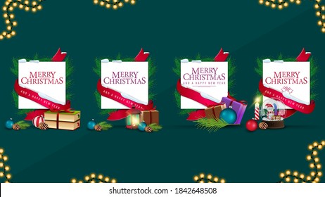 Collection of Christmas blank templates wrapped of ribbon with greetings and decorated with pile of Christmas presents