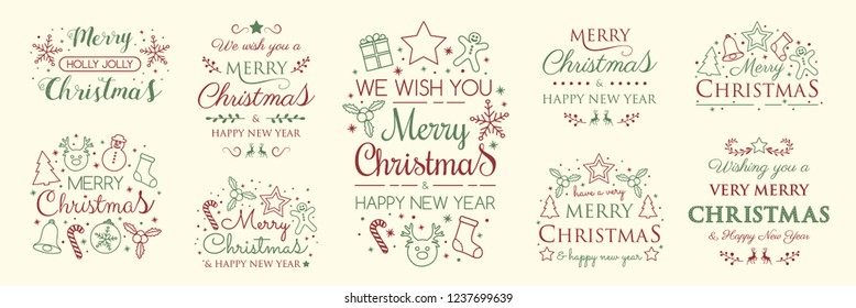 Collection of Christmas calligraphy with decorations. Vector.