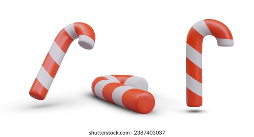 Collection of Christmas candy canes in different positions on white background with shadow. Traditional candy, gift for children for winter holiday. Vector illustration in 3d realistic style