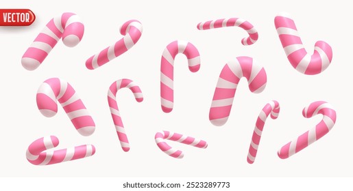 Collection Christmas candy canes in various shapes. Xmas sweets. Set pink white striped candy canes in various dynamic positions, realistic 3d design isolated on light background. vector illustration