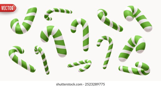 Colección Navidades bastones de caramelo en varias Formas. Dulces de Navidad. Conjunto de bastones de caramelo a rayas blancas verdes en varias posiciones dinámicas, diseño 3D realista aislado sobre fondo claro. Ilustración vectorial