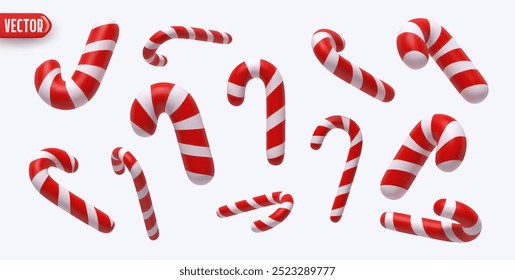 Collection Christmas candy canes in various shapes. Xmas sweets. Set red white striped candy canes in various dynamic positions, realistic 3d design isolated on light background. vector illustration