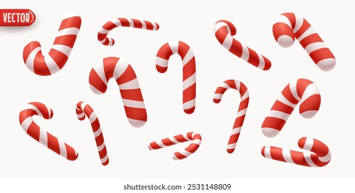 Collection Christmas candy canes in various shapes. Xmas sweets. Set red white striped candy canes in various dynamic positions, realistic 3d design isolated on light background. vector illustration