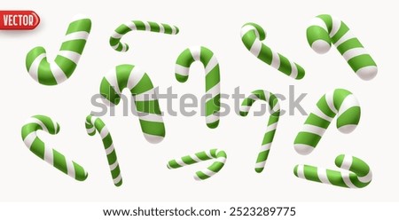 Collection Christmas candy canes in various shapes. Xmas sweets. Set green white striped candy canes in various dynamic positions, realistic 3d design isolated on light background. vector illustration