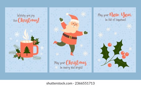 Collection Christmas card. Cute Santa Claus, New Year cup and branch festive holly berry with congratulations on blue background with snowflakes. Vector illustration. Xmas holiday vertical card