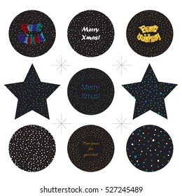 Collection of Christmas card template in the form of a circle and a star. New Year present tags made in vector.