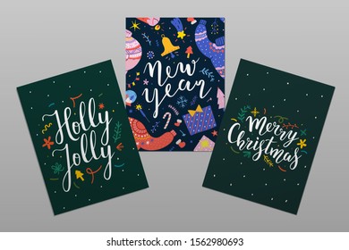 Collection of christmas card templates with hand drawn illustrations and handwritten lettering with congratulation text. Happy new year and merry christmas printable design for postcard or banner.
