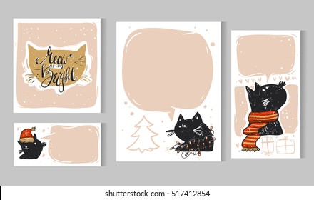 Collection of Christmas card templates.Christmas Posters set.Vector illustration.Winter Holiday collection.Greeting seasonal scrapbooking, stickers,diary,congratulations,invitations.Black cat art.