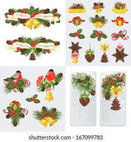 Collection of Christmas cards, banners and decorations with bullfinches, bells and pendants.