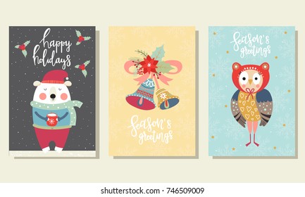 Collection of Christmas cards with cute bear, owl and bells in cartoon style. Vector illustration.