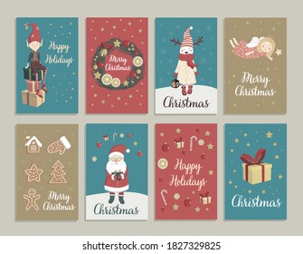 A collection of Christmas cards with cute characters and items.
Adorable vector illustrations that depict santa, angel, deer, gifts, sweets, lantern, wreath, gingerbread, stars, balls.