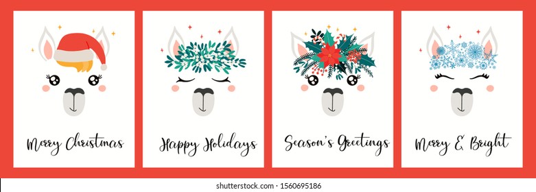 Collection of Christmas cards with different cute llama faces, in Santa Claus hat, flower wreaths, with text. Hand drawn vector illustration. Flat style design. Concept holiday print, invite, gift tag