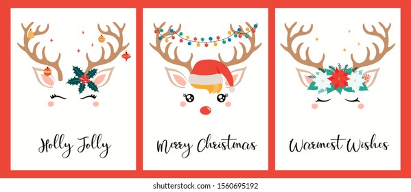 Collection of Christmas cards with different cute reindeer faces, in Santa Claus hat, flower wreath, text. Hand drawn vector illustration. Flat style design. Concept holiday print, invite, gift tag.