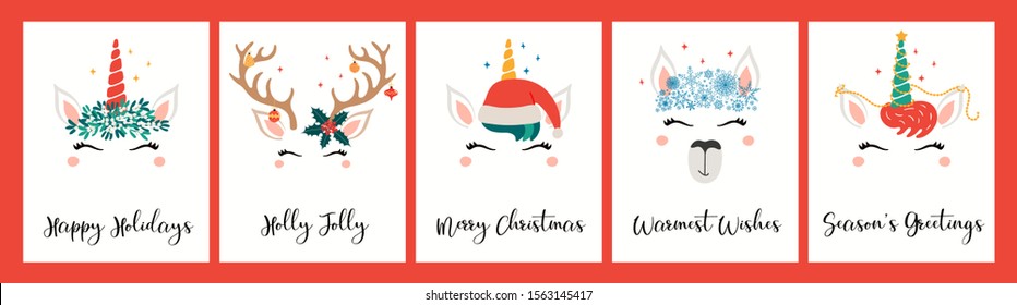 Collection of Christmas cards with different cute unicorn, llama, reindeer faces, in flower wreaths, text. Hand drawn vector illustration. Flat style design. Concept holiday print, invite, gift tag.