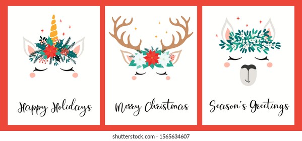 Collection of Christmas cards with different cute unicorn, llama, reindeer faces, in wreaths, with text. Hand drawn vector illustration. Flat style design. Concept for holiday print, invite, gift tag.