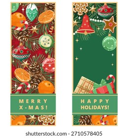 A collection of Christmas cards featuring a Christmas tree, presents, tangerines, and gingerbread in a vintage style.