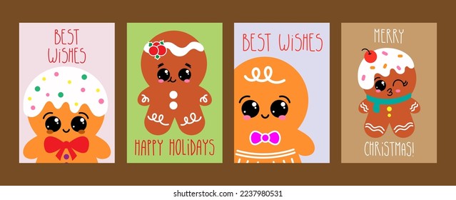 Collection of Christmas cards with gingerbread and hand lettering. Cute gingerbread cookies, winter baking