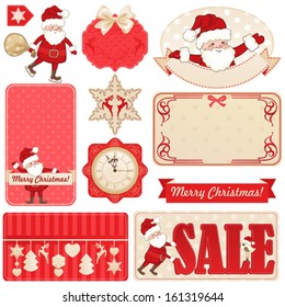 Collection of Christmas cards, labels and symbols with Santa Claus, vector illustration.