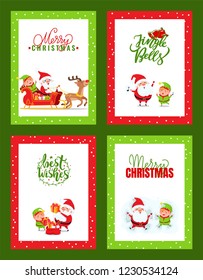 Collection of Christmas cards with Santa Claus. Vector cartoon images with festive clothed characters. Father Frost and Elf riding carriage full of gifts