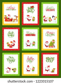 Collection of Christmas cards with Santa. Vector of festive cartoon illustrations with Santa Clause, elf and deer jumping, listening to music, having fun
