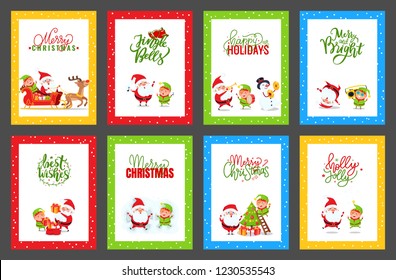Collection of Christmas cards with Santa. Vector of festive cartoon illustrations with Santa Clause, elf and deer jumping, listening to music, having fun and text