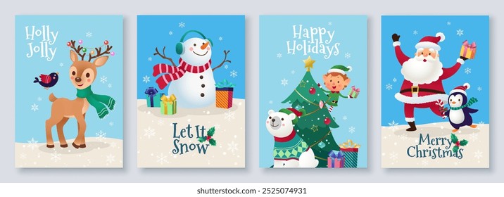 Collection of Christmas cards set with Santa Claus, snowman, elf, polar bear, reindeer, penguin, Christmas decoration and tree on snow day backdrop. Vector illustration for digital and printed media