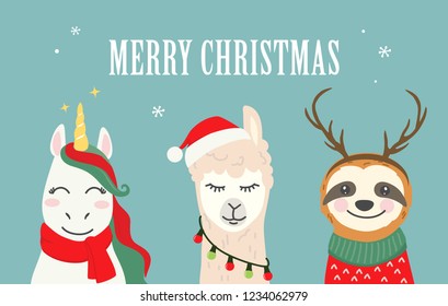 Collection of Christmas cartoon characters. Merry Christmas illustrations of cute unicorn, llama, alpaca, sloth with accessories like Santa hat, sweater, scarf, reindeer antlers