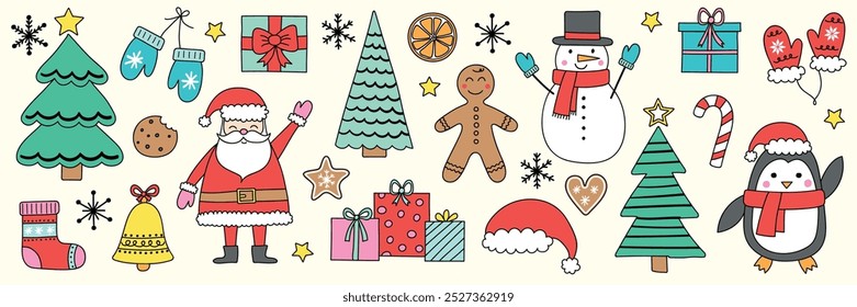 Coleção de design de clip-art de Natal. Personagens X-Mas bonitos e ornamentos. Ilustração vetorial