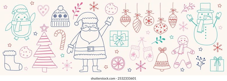 Coleção de design de clip-art de Natal. Personagens X-Mas bonitos e ornamentos. Ilustração vetorial