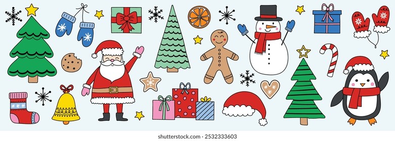 Colección de diseño de arte de Clip de dibujos animados de Navidades. Personajes y adornos lindos de X-Mas. Ilustración vectorial