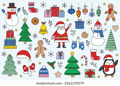 Collection of Christmas cartoon clip art design. Cute X-Mas characters and ornaments. Vector illustration