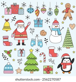 Collection of Christmas cartoon clip art design. Cute X-Mas characters and ornaments. Vector illustration