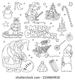 Collection Christmas cartoon drawings for decoration of cards, posters, gifts. New year 2020. Hand drawn doodles with Santa Claus, the Christmas rat, snowman, tree, gifts, sleigh. Funny drawings