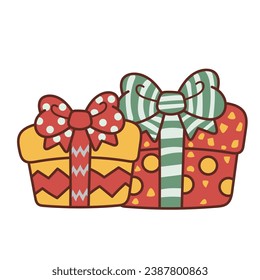 Collection of Christmas cartoons isolated on a white background. Little Santa with gifts and holiday decorations; cute card. Super cute cartoon character, illustration, hand drawn, vector