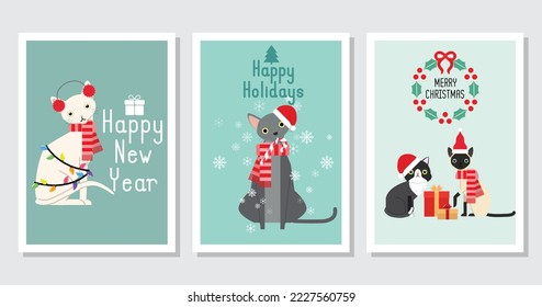 Collection of Christmas cats greeting cards, Merry Christmas illustrations of cute cats with accessories like a knitted hats, sweaters, scarfs.