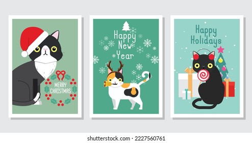 Collection of Christmas cats greeting cards, Merry Christmas illustrations of cute cats with accessories like a knitted hats, sweaters, scarfs.