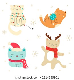Collection of Christmas cats isolated on white background.  For winter New year and Christmas. Kitties in hats and scarfs. Stock vector illustration