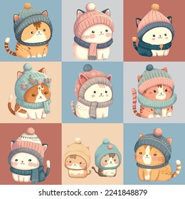 Collection of Christmas cats in knited hats, sweaters, scarfs isolated. Set of flat kawaii cats and kittens in winter clothes. Cartoon hand drawn Happy New Year characters. Animals in festive costumes