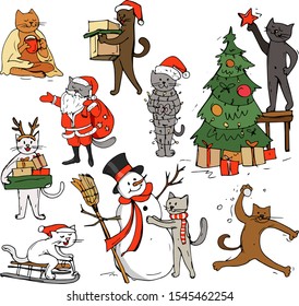 Collection of Christmas cats, Merry Christmas illustrations of cute cats with accessories like a knitted hats, sweaters, scarfs