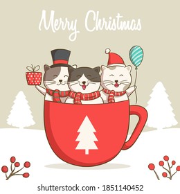 Collection of Christmas cats, Merry Christmas illustrations of cute cats in the coffee or chocolate cup