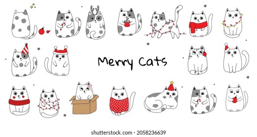 Collection of Christmas cats. Merry Christmas illustrations of cute cats with accessories