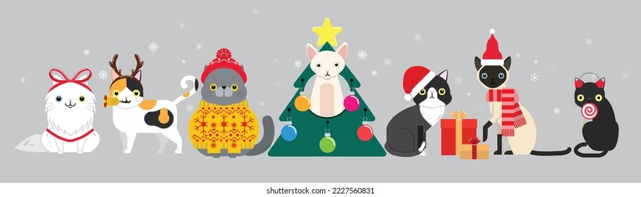 Collection of Christmas cats, Merry Christmas illustrations of cute cats with accessories like a knitted hats, sweaters, scarfs.