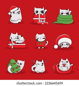 Collection of Christmas cats, Merry Christmas illustrations of cute cats with accessories like a knitted hats, sweaters, scarfs vector